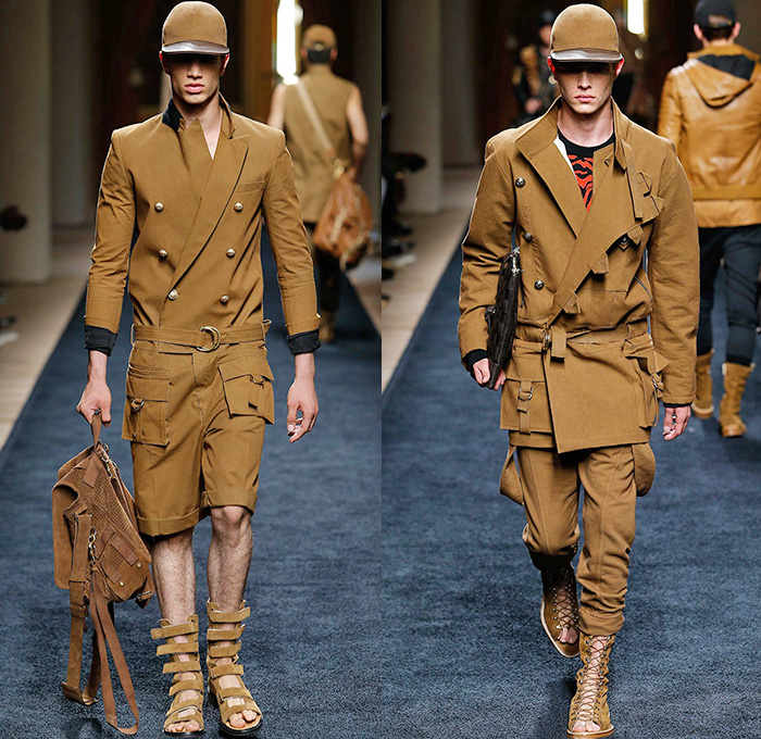 Balmain 2016 Spring Summer Mens Runway Catwalk Looks - Mode à Paris Fashion Week Mode Masculine France Designer Olivier Rousteing - Safari Desert Lace Up Suede Crest Lion Head Union Jack Flag Tiger Crochet Basket Weave Chunky Knit Trench Coat Blazer Jacket Pants Trousers Cargo Pockets Mesh Adornments Motorcycle Biker Shorts Drawstring Suitromper Zipper Waist Pouch Animal Tiger Bag Backpack Gladiator Sandals Kimono