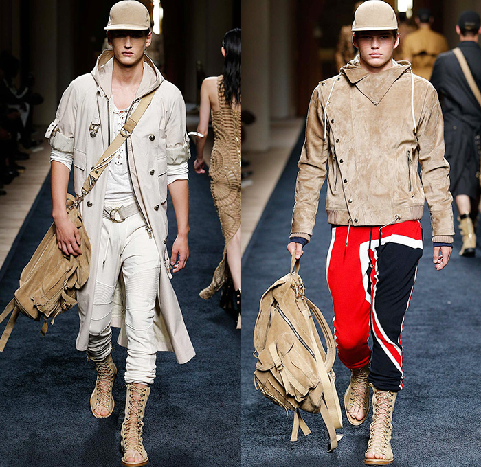 Balmain 2016 Spring Summer Mens Runway Catwalk Looks - Mode à Paris Fashion Week Mode Masculine France Designer Olivier Rousteing - Safari Desert Lace Up Suede Crest Lion Head Union Jack Flag Tiger Crochet Basket Weave Chunky Knit Trench Coat Blazer Jacket Pants Trousers Cargo Pockets Mesh Adornments Motorcycle Biker Shorts Drawstring Suitromper Zipper Waist Pouch Animal Tiger Bag Backpack Gladiator Sandals Kimono