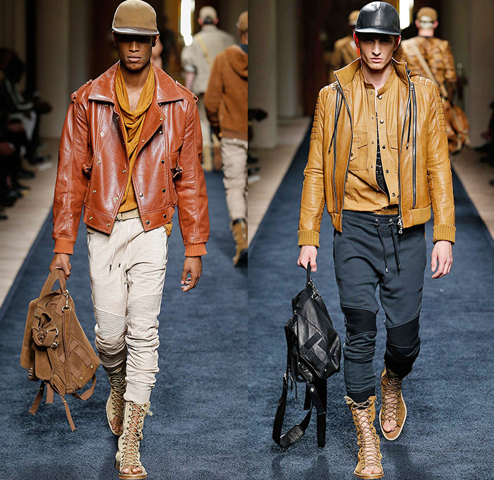 Balmain 2016 Spring Summer Mens Runway Catwalk Looks - Mode à Paris Fashion Week Mode Masculine France Designer Olivier Rousteing - Safari Desert Lace Up Suede Crest Lion Head Union Jack Flag Tiger Crochet Basket Weave Chunky Knit Trench Coat Blazer Jacket Pants Trousers Cargo Pockets Mesh Adornments Motorcycle Biker Shorts Drawstring Suitromper Zipper Waist Pouch Animal Tiger Bag Backpack Gladiator Sandals Kimono