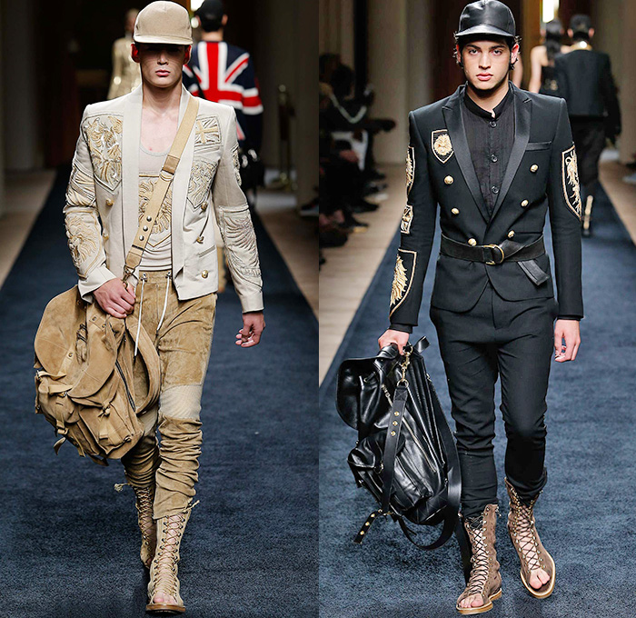 Balmain 2016 Spring Summer Mens Runway Catwalk Looks - Mode à Paris Fashion Week Mode Masculine France Designer Olivier Rousteing - Safari Desert Lace Up Suede Crest Lion Head Union Jack Flag Tiger Crochet Basket Weave Chunky Knit Trench Coat Blazer Jacket Pants Trousers Cargo Pockets Mesh Adornments Motorcycle Biker Shorts Drawstring Suitromper Zipper Waist Pouch Animal Tiger Bag Backpack Gladiator Sandals Kimono