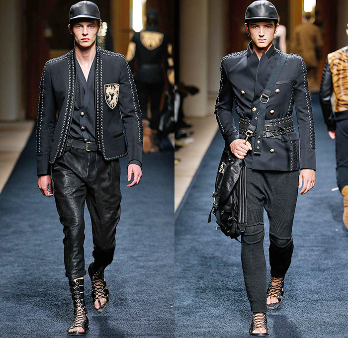 Balmain 2016 Spring Summer Mens Runway Catwalk Looks - Mode à Paris Fashion Week Mode Masculine France Designer Olivier Rousteing - Safari Desert Lace Up Suede Crest Lion Head Union Jack Flag Tiger Crochet Basket Weave Chunky Knit Trench Coat Blazer Jacket Pants Trousers Cargo Pockets Mesh Adornments Motorcycle Biker Shorts Drawstring Suitromper Zipper Waist Pouch Animal Tiger Bag Backpack Gladiator Sandals Kimono