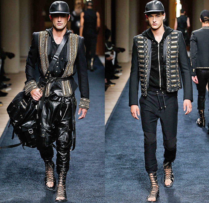 Balmain 2016 Spring Summer Mens Runway Catwalk Looks - Mode à Paris Fashion Week Mode Masculine France Designer Olivier Rousteing - Safari Desert Lace Up Suede Crest Lion Head Union Jack Flag Tiger Crochet Basket Weave Chunky Knit Trench Coat Blazer Jacket Pants Trousers Cargo Pockets Mesh Adornments Motorcycle Biker Shorts Drawstring Suitromper Zipper Waist Pouch Animal Tiger Bag Backpack Gladiator Sandals Kimono