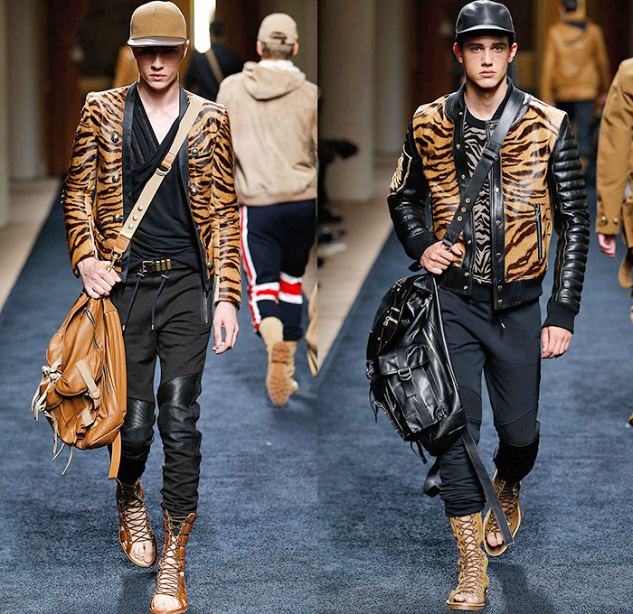 Balmain 2016 Spring Summer Mens Runway Catwalk Looks - Mode à Paris Fashion Week Mode Masculine France Designer Olivier Rousteing - Safari Desert Lace Up Suede Crest Lion Head Union Jack Flag Tiger Crochet Basket Weave Chunky Knit Trench Coat Blazer Jacket Pants Trousers Cargo Pockets Mesh Adornments Motorcycle Biker Shorts Drawstring Suitromper Zipper Waist Pouch Animal Tiger Bag Backpack Gladiator Sandals Kimono