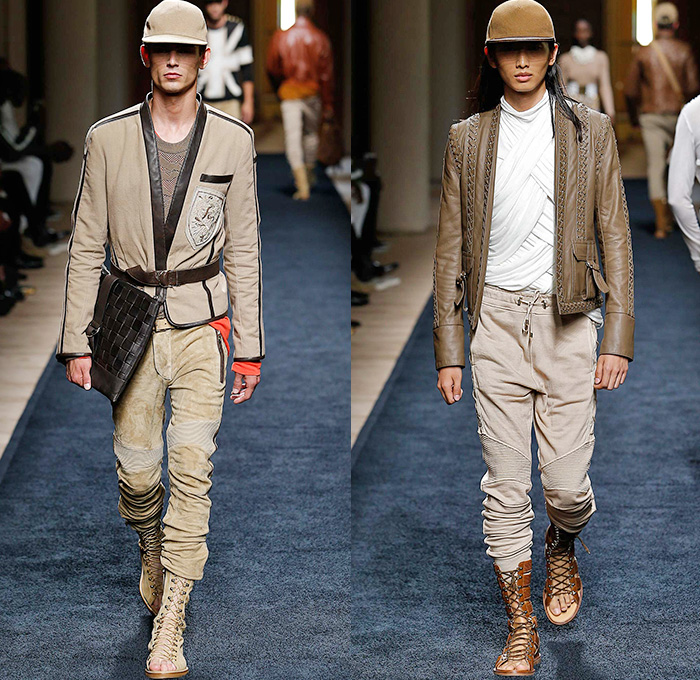 Balmain 2016 Spring Summer Mens Runway Catwalk Looks - Mode à Paris Fashion Week Mode Masculine France Designer Olivier Rousteing - Safari Desert Lace Up Suede Crest Lion Head Union Jack Flag Tiger Crochet Basket Weave Chunky Knit Trench Coat Blazer Jacket Pants Trousers Cargo Pockets Mesh Adornments Motorcycle Biker Shorts Drawstring Suitromper Zipper Waist Pouch Animal Tiger Bag Backpack Gladiator Sandals Kimono