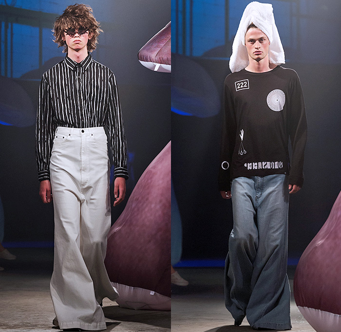 Cheap Monday 2016 Spring Summer Mens Runway Catwalk Looks - Fashion Week Stockholm Sweden - Nuclear Psychodelia Hippie Wide Leg Trousers Palazzo Pants Flare Bell Bottom Knit Sweater Jumper Pullover Frayed Raw Hem Fringes Long Sleeve Stripes Towel Turtleneck Mockneck Outerwear Jacket 