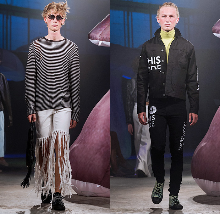 Cheap Monday 2016 Spring Summer Mens Runway Catwalk Looks - Fashion Week Stockholm Sweden - Nuclear Psychodelia Hippie Wide Leg Trousers Palazzo Pants Flare Bell Bottom Knit Sweater Jumper Pullover Frayed Raw Hem Fringes Long Sleeve Stripes Towel Turtleneck Mockneck Outerwear Jacket 