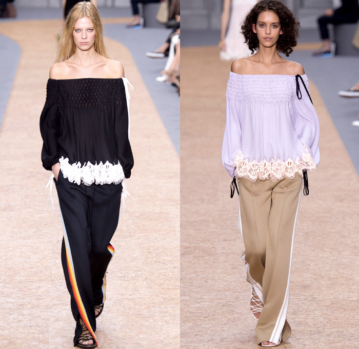 Chloé 2016 Spring Summer Womens Runway Catwalk Looks - Mode à Paris Fashion Week Mode Féminin France - Bohemian Boho Chic Denim Jeans Track Harem Wide Leg Trousers Palazzo Pants Athleisure Peasant One Off Shoulder Maxi Dress Halter Top Noodle Spaghetti Strap Sheer Chiffon Lace Miniskirt Frock Drawstring Stripes Drapery Ruffles Pantsuit Blazer Jacket Tassels Loungewear Onesie Jumpsuit Tunic Shirtdress Crossbody Bag