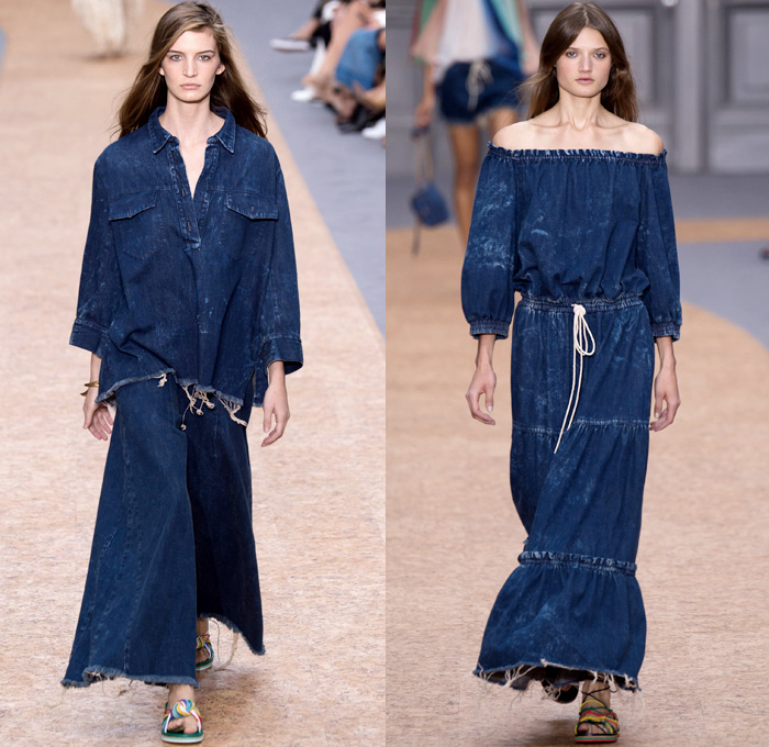 Chloé 2016 Spring Summer Womens Runway Catwalk Looks - Mode à Paris Fashion Week Mode Féminin France - Bohemian Boho Chic Denim Jeans Track Harem Wide Leg Trousers Palazzo Pants Athleisure Peasant One Off Shoulder Maxi Dress Halter Top Noodle Spaghetti Strap Sheer Chiffon Lace Miniskirt Frock Drawstring Stripes Drapery Ruffles Pantsuit Blazer Jacket Tassels Loungewear Onesie Jumpsuit Tunic Shirtdress Crossbody Bag