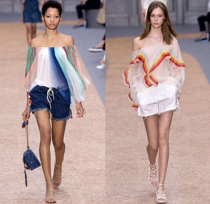 Chloé 2016 Spring Summer Womens Runway Catwalk Looks - Mode à Paris Fashion Week Mode Féminin France - Bohemian Boho Chic Denim Jeans Track Harem Wide Leg Trousers Palazzo Pants Athleisure Peasant One Off Shoulder Maxi Dress Halter Top Noodle Spaghetti Strap Sheer Chiffon Lace Miniskirt Frock Drawstring Stripes Drapery Ruffles Pantsuit Blazer Jacket Tassels Loungewear Onesie Jumpsuit Tunic Shirtdress Crossbody Bag