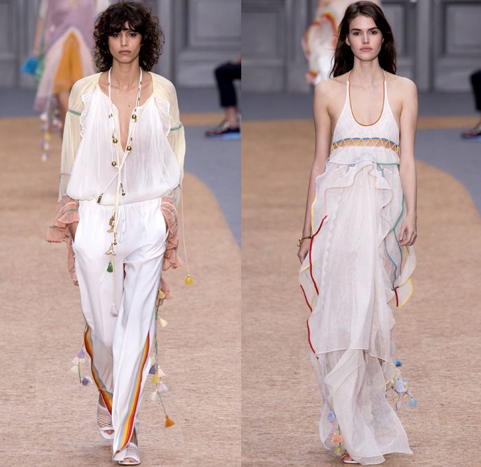 Chloé 2016 Spring Summer Womens Runway Catwalk Looks - Mode à Paris Fashion Week Mode Féminin France - Bohemian Boho Chic Denim Jeans Track Harem Wide Leg Trousers Palazzo Pants Athleisure Peasant One Off Shoulder Maxi Dress Halter Top Noodle Spaghetti Strap Sheer Chiffon Lace Miniskirt Frock Drawstring Stripes Drapery Ruffles Pantsuit Blazer Jacket Tassels Loungewear Onesie Jumpsuit Tunic Shirtdress Crossbody Bag