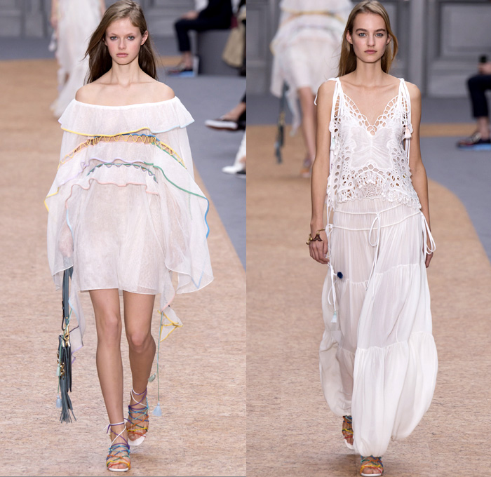 Chloé 2016 Spring Summer Womens Runway Catwalk Looks - Mode à Paris Fashion Week Mode Féminin France - Bohemian Boho Chic Denim Jeans Track Harem Wide Leg Trousers Palazzo Pants Athleisure Peasant One Off Shoulder Maxi Dress Halter Top Noodle Spaghetti Strap Sheer Chiffon Lace Miniskirt Frock Drawstring Stripes Drapery Ruffles Pantsuit Blazer Jacket Tassels Loungewear Onesie Jumpsuit Tunic Shirtdress Crossbody Bag