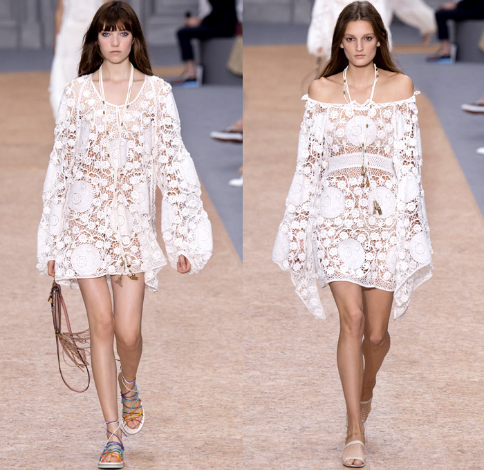 Chloé 2016 Spring Summer Womens Runway Catwalk Looks - Mode à Paris Fashion Week Mode Féminin France - Bohemian Boho Chic Denim Jeans Track Harem Wide Leg Trousers Palazzo Pants Athleisure Peasant One Off Shoulder Maxi Dress Halter Top Noodle Spaghetti Strap Sheer Chiffon Lace Miniskirt Frock Drawstring Stripes Drapery Ruffles Pantsuit Blazer Jacket Tassels Loungewear Onesie Jumpsuit Tunic Shirtdress Crossbody Bag