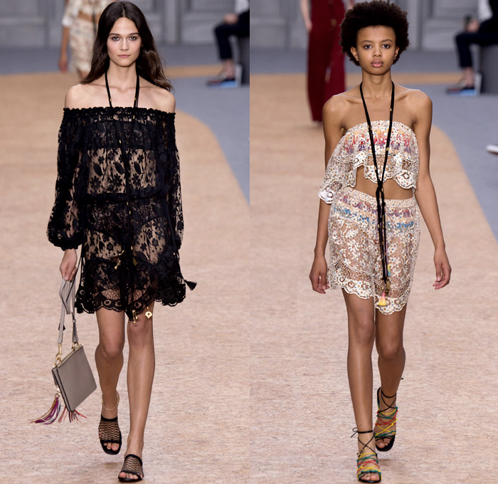 Chloé 2016 Spring Summer Womens Runway Catwalk Looks - Mode à Paris Fashion Week Mode Féminin France - Bohemian Boho Chic Denim Jeans Track Harem Wide Leg Trousers Palazzo Pants Athleisure Peasant One Off Shoulder Maxi Dress Halter Top Noodle Spaghetti Strap Sheer Chiffon Lace Miniskirt Frock Drawstring Stripes Drapery Ruffles Pantsuit Blazer Jacket Tassels Loungewear Onesie Jumpsuit Tunic Shirtdress Crossbody Bag