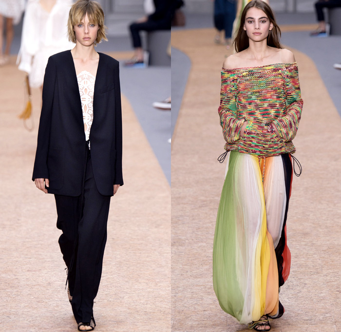 Chloé 2016 Spring Summer Womens Runway Catwalk Looks - Mode à Paris Fashion Week Mode Féminin France - Bohemian Boho Chic Denim Jeans Track Harem Wide Leg Trousers Palazzo Pants Athleisure Peasant One Off Shoulder Maxi Dress Halter Top Noodle Spaghetti Strap Sheer Chiffon Lace Miniskirt Frock Drawstring Stripes Drapery Ruffles Pantsuit Blazer Jacket Tassels Loungewear Onesie Jumpsuit Tunic Shirtdress Crossbody Bag