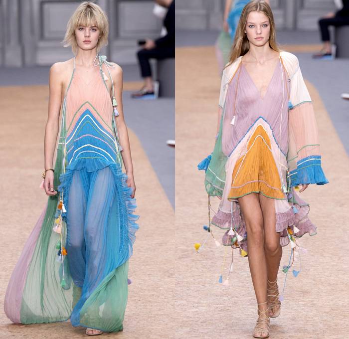 Chloé 2016 Spring Summer Womens Runway Catwalk Looks - Mode à Paris Fashion Week Mode Féminin France - Bohemian Boho Chic Denim Jeans Track Harem Wide Leg Trousers Palazzo Pants Athleisure Peasant One Off Shoulder Maxi Dress Halter Top Noodle Spaghetti Strap Sheer Chiffon Lace Miniskirt Frock Drawstring Stripes Drapery Ruffles Pantsuit Blazer Jacket Tassels Loungewear Onesie Jumpsuit Tunic Shirtdress Crossbody Bag