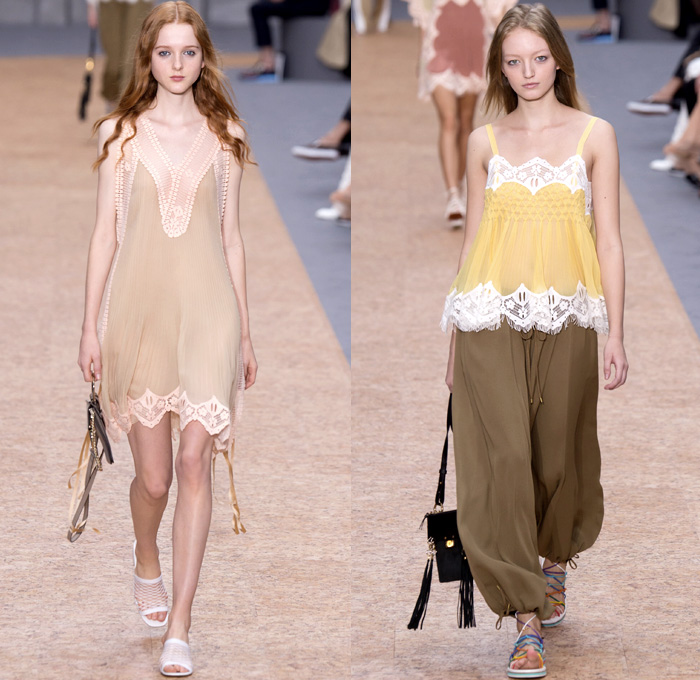 Chloé 2016 Spring Summer Womens Runway Catwalk Looks - Mode à Paris Fashion Week Mode Féminin France - Bohemian Boho Chic Denim Jeans Track Harem Wide Leg Trousers Palazzo Pants Athleisure Peasant One Off Shoulder Maxi Dress Halter Top Noodle Spaghetti Strap Sheer Chiffon Lace Miniskirt Frock Drawstring Stripes Drapery Ruffles Pantsuit Blazer Jacket Tassels Loungewear Onesie Jumpsuit Tunic Shirtdress Crossbody Bag