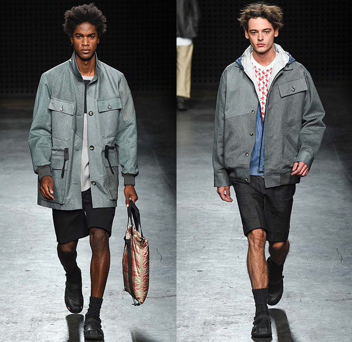 Christopher Raeburn 2016 Spring Summer Mens Runway Catwalk Looks - London Collections: Men British Fashion Council UK United Kingdom - Military Surplus Anthropologist Sarong Tribal Orangutan Monkeys Animals Jungle Silhouette Outerwear Coat Blazer Parka Camouflage Shorts Socks With Sandals Mesh Knit Weave Sweater Backpack Plaid Cargo Pockets Bomber Jacket Onesie Jumpsuit Playsuit Combishorts Romper