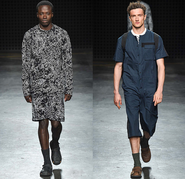 Christopher Raeburn 2016 Spring Summer Mens Runway Catwalk Looks - London Collections: Men British Fashion Council UK United Kingdom - Military Surplus Anthropologist Sarong Tribal Orangutan Monkeys Animals Jungle Silhouette Outerwear Coat Blazer Parka Camouflage Shorts Socks With Sandals Mesh Knit Weave Sweater Backpack Plaid Cargo Pockets Bomber Jacket Onesie Jumpsuit Playsuit Combishorts Romper