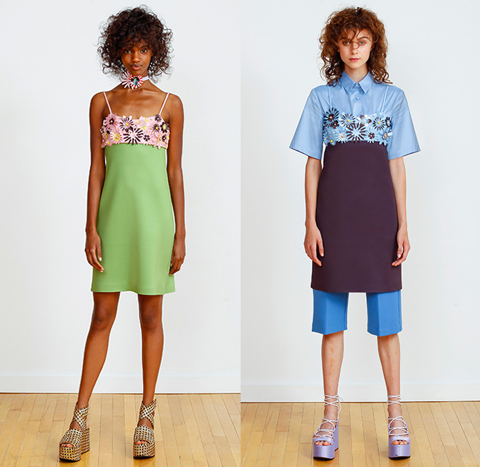 Clover Canyon 2016 Spring Summer Womens Lookbook Presentation - New York Fashion Week - 3D Butterflies Flowers Floral Leaves Foliage Vines Botanical Print Motif Embellishments Adornments Embroidery Curved Asymmetrical Pointed Hem Skirt Frock Long Sleeve Blouse Dress Mesh Perforated Lasercut Pleats Gladiator Sandals Cropped Pants Trousers Sleeveless Noodle Spaghetti Strap Shorts Knit Cardigan Peplum