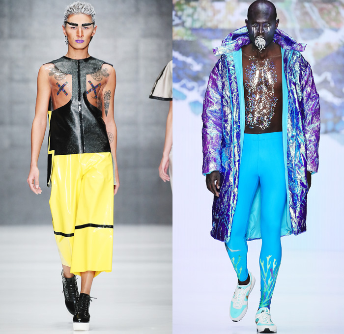 CONTRFASHION 2016 Spring Summer Mens Runway Catwalk Looks - Mercedes-Benz Fashion Week Russia - Metallic Studs Onesie Jumpsuit Coveralls Dungarees Outerwear Long Coat Jacket Parka Hoodie Puffer Leggings Trainers Plastic Sleek Futuristic Feathers Cutout Horns Androgyny Grommets Broccoli