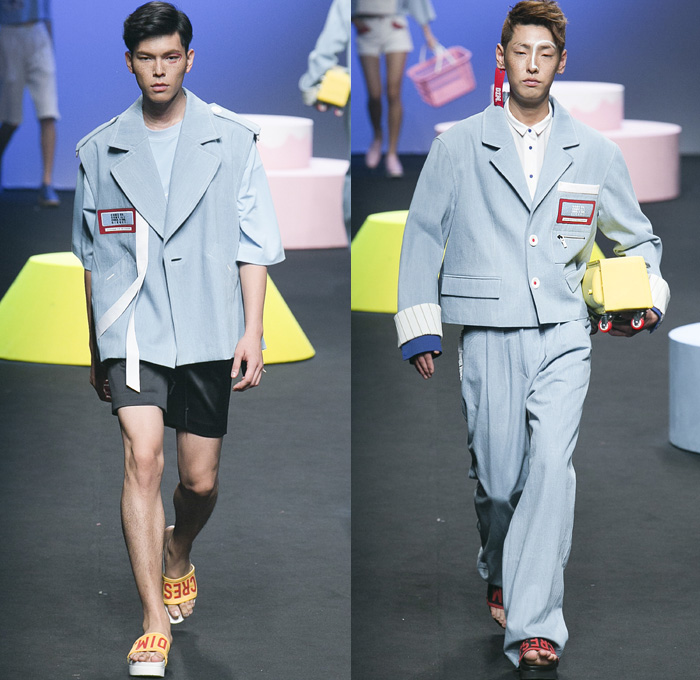 CRES. E DIM. 2016 Spring Summer Mens Runway Catwalk Looks - Seoul Fashion Week South Korea Designer Hong Bum Kim - Cirque' Circus Denim Jeans Outerwear Trench Coat Vest Waistcoat Shorts Sandals Straps Cargo Pockets Wide Leg Trousers Palazzo Pants Loose Baggy Suit Blazer Jacket Railroad Engineer Stripes Roll Up Shirt Tag