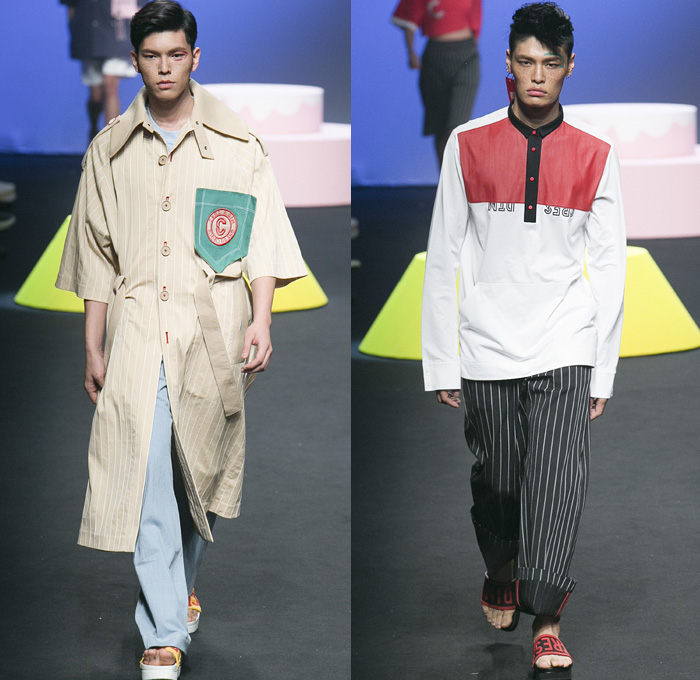 CRES. E DIM. 2016 Spring Summer Mens Runway Catwalk Looks - Seoul Fashion Week South Korea Designer Hong Bum Kim - Cirque' Circus Denim Jeans Outerwear Trench Coat Vest Waistcoat Shorts Sandals Straps Cargo Pockets Wide Leg Trousers Palazzo Pants Loose Baggy Suit Blazer Jacket Railroad Engineer Stripes Roll Up Shirt Tag