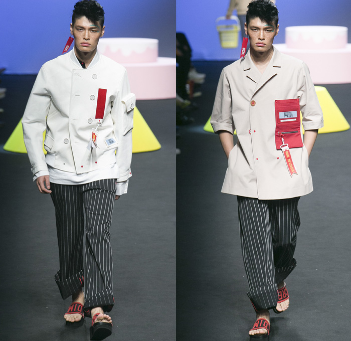 CRES. E DIM. 2016 Spring Summer Mens Runway Catwalk Looks - Seoul Fashion Week South Korea Designer Hong Bum Kim - Cirque' Circus Denim Jeans Outerwear Trench Coat Vest Waistcoat Shorts Sandals Straps Cargo Pockets Wide Leg Trousers Palazzo Pants Loose Baggy Suit Blazer Jacket Railroad Engineer Stripes Roll Up Shirt Tag