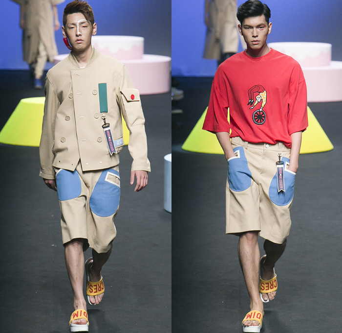 CRES. E DIM. 2016 Spring Summer Mens Runway Catwalk Looks - Seoul Fashion Week South Korea Designer Hong Bum Kim - Cirque' Circus Denim Jeans Outerwear Trench Coat Vest Waistcoat Shorts Sandals Straps Cargo Pockets Wide Leg Trousers Palazzo Pants Loose Baggy Suit Blazer Jacket Railroad Engineer Stripes Roll Up Shirt Tag