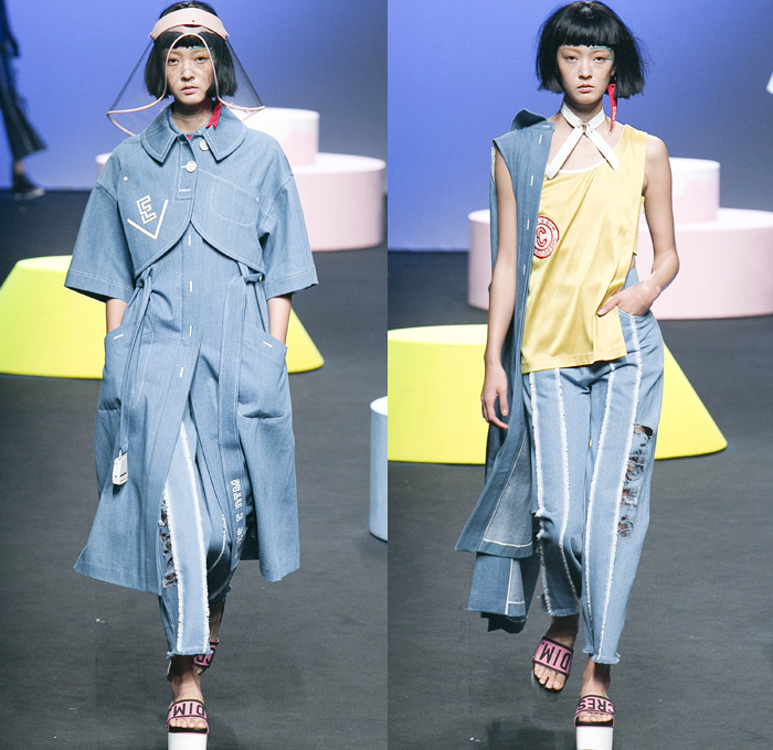 CRES. E DIM. 2016 Spring Summer Womens Runway Catwalk Looks - Seoul Fashion Week South Korea Designer Hong Bum Kim - Cirque' Denim Jeans Outerwear Coat Peacoat Visor Hat Cargo Pockets Sandals Asymmetrical Hem Noodle Spaghetti Strap Vestdress Waistcoat Choker Sweater Stripes Sash Lace Up Banded Straps Silk Satin Flare Bell Bottom Shorts Basket Drawstring Shorts Maxi Dress Lounge Pajamas Sleepwear Typography