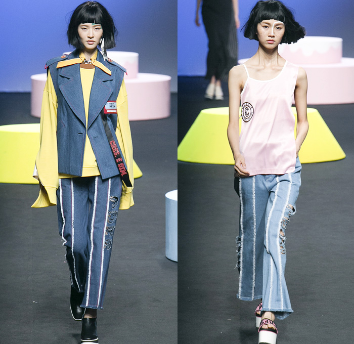 CRES. E DIM. 2016 Spring Summer Womens Runway Catwalk Looks - Seoul Fashion Week South Korea Designer Hong Bum Kim - Cirque' Denim Jeans Outerwear Coat Peacoat Visor Hat Cargo Pockets Sandals Asymmetrical Hem Noodle Spaghetti Strap Vestdress Waistcoat Choker Sweater Stripes Sash Lace Up Banded Straps Silk Satin Flare Bell Bottom Shorts Basket Drawstring Shorts Maxi Dress Lounge Pajamas Sleepwear Typography