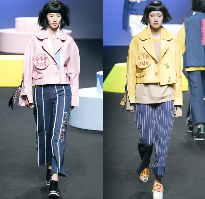 CRES. E DIM. 2016 Spring Summer Womens Runway Catwalk Looks - Seoul Fashion Week South Korea Designer Hong Bum Kim - Cirque' Denim Jeans Outerwear Coat Peacoat Visor Hat Cargo Pockets Sandals Asymmetrical Hem Noodle Spaghetti Strap Vestdress Waistcoat Choker Sweater Stripes Sash Lace Up Banded Straps Silk Satin Flare Bell Bottom Shorts Basket Drawstring Shorts Maxi Dress Lounge Pajamas Sleepwear Typography