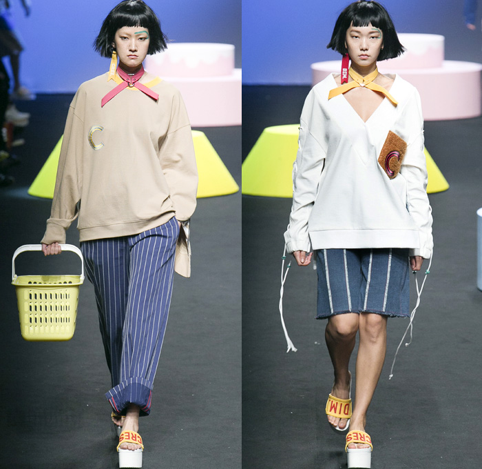 CRES. E DIM. 2016 Spring Summer Womens Runway Catwalk Looks - Seoul Fashion Week South Korea Designer Hong Bum Kim - Cirque' Denim Jeans Outerwear Coat Peacoat Visor Hat Cargo Pockets Sandals Asymmetrical Hem Noodle Spaghetti Strap Vestdress Waistcoat Choker Sweater Stripes Sash Lace Up Banded Straps Silk Satin Flare Bell Bottom Shorts Basket Drawstring Shorts Maxi Dress Lounge Pajamas Sleepwear Typography