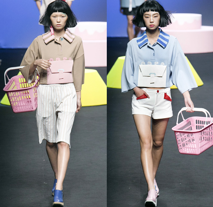 CRES. E DIM. 2016 Spring Summer Womens Runway Catwalk Looks - Seoul Fashion Week South Korea Designer Hong Bum Kim - Cirque' Denim Jeans Outerwear Coat Peacoat Visor Hat Cargo Pockets Sandals Asymmetrical Hem Noodle Spaghetti Strap Vestdress Waistcoat Choker Sweater Stripes Sash Lace Up Banded Straps Silk Satin Flare Bell Bottom Shorts Basket Drawstring Shorts Maxi Dress Lounge Pajamas Sleepwear Typography