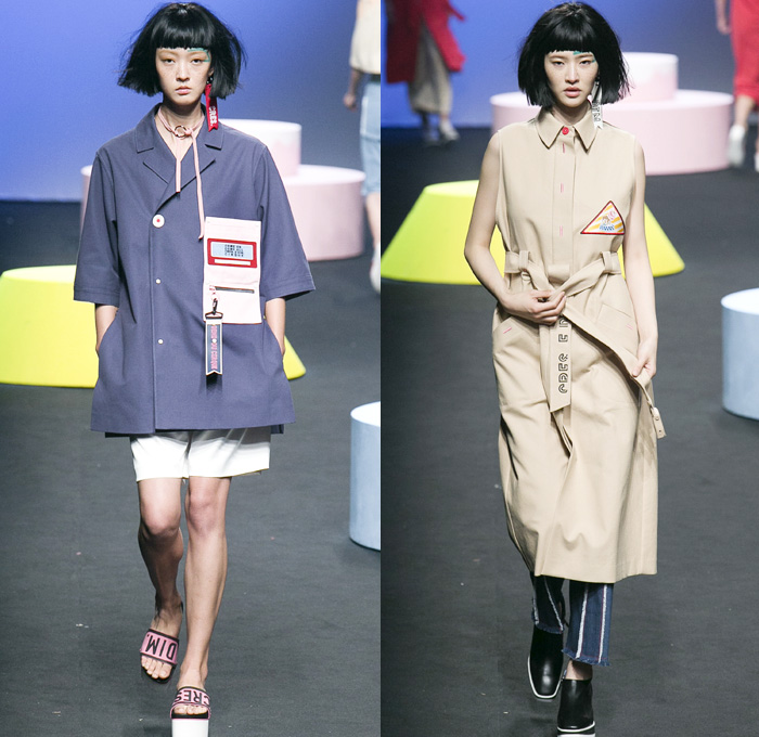 CRES. E DIM. 2016 Spring Summer Womens Runway Catwalk Looks - Seoul Fashion Week South Korea Designer Hong Bum Kim - Cirque' Denim Jeans Outerwear Coat Peacoat Visor Hat Cargo Pockets Sandals Asymmetrical Hem Noodle Spaghetti Strap Vestdress Waistcoat Choker Sweater Stripes Sash Lace Up Banded Straps Silk Satin Flare Bell Bottom Shorts Basket Drawstring Shorts Maxi Dress Lounge Pajamas Sleepwear Typography