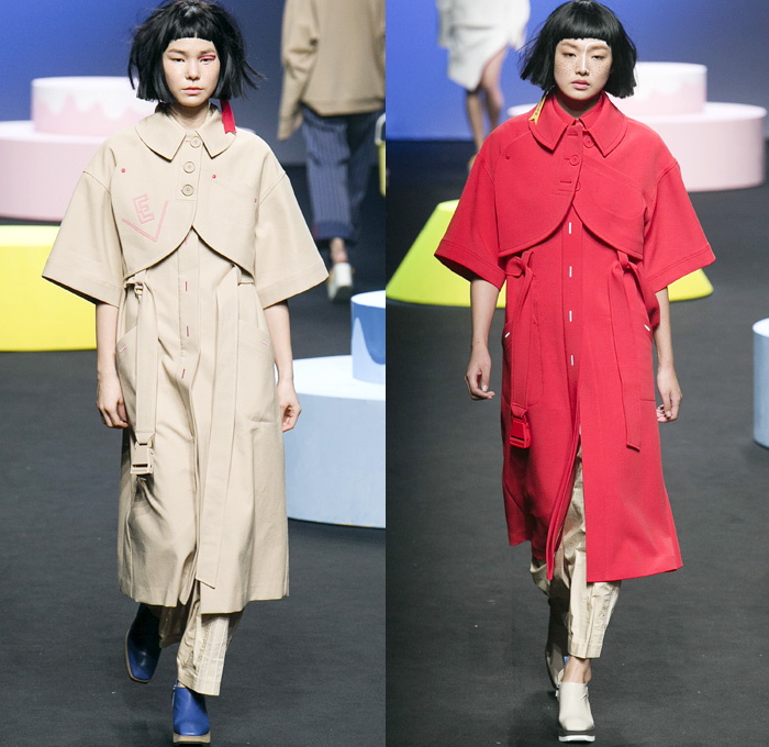 CRES. E DIM. 2016 Spring Summer Womens Runway Catwalk Looks - Seoul Fashion Week South Korea Designer Hong Bum Kim - Cirque' Denim Jeans Outerwear Coat Peacoat Visor Hat Cargo Pockets Sandals Asymmetrical Hem Noodle Spaghetti Strap Vestdress Waistcoat Choker Sweater Stripes Sash Lace Up Banded Straps Silk Satin Flare Bell Bottom Shorts Basket Drawstring Shorts Maxi Dress Lounge Pajamas Sleepwear Typography