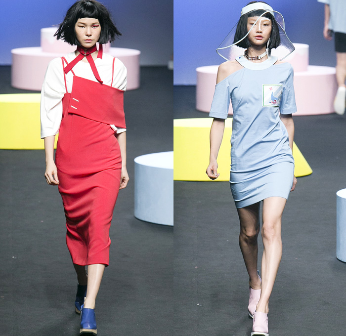 CRES. E DIM. 2016 Spring Summer Womens Runway Catwalk Looks - Seoul Fashion Week South Korea Designer Hong Bum Kim - Cirque' Denim Jeans Outerwear Coat Peacoat Visor Hat Cargo Pockets Sandals Asymmetrical Hem Noodle Spaghetti Strap Vestdress Waistcoat Choker Sweater Stripes Sash Lace Up Banded Straps Silk Satin Flare Bell Bottom Shorts Basket Drawstring Shorts Maxi Dress Lounge Pajamas Sleepwear Typography