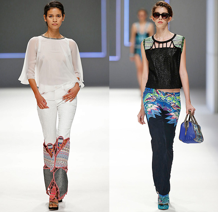 Custo Barcelona 2016 Spring Summer Womens Runway Catwalk Looks - 080 Barcelona Fashion Catalonia Catalan Spain - Jeans Sheer Chiffon Mesh Lace Lasercut Cutout Tunic Blouse Multi-Panel Mix Match Bralette Flowers Florals Leaves Foliage Print Motif Ornamental Print Swim Bikini Geometric Halter Top Maxi Dress Pants Trousers Knit Onesie Jumpsuit Coveralls Shorts Jacket Noodle Strap Fringes Handbag