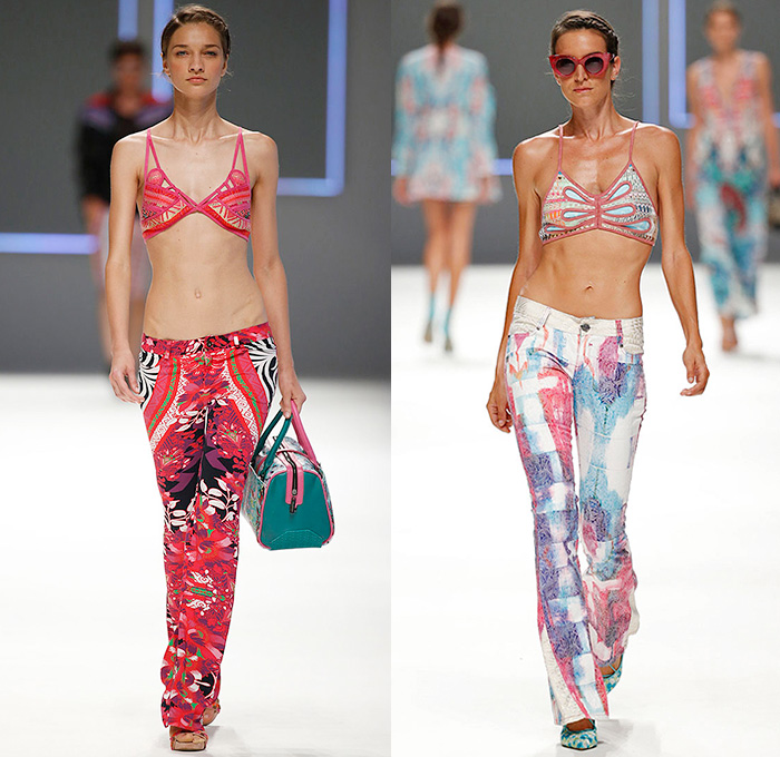 Custo Barcelona 2016 Spring Summer Womens Runway Catwalk Looks - 080 Barcelona Fashion Catalonia Catalan Spain - Jeans Sheer Chiffon Mesh Lace Lasercut Cutout Tunic Blouse Multi-Panel Mix Match Bralette Flowers Florals Leaves Foliage Print Motif Ornamental Print Swim Bikini Geometric Halter Top Maxi Dress Pants Trousers Knit Onesie Jumpsuit Coveralls Shorts Jacket Noodle Strap Fringes Handbag