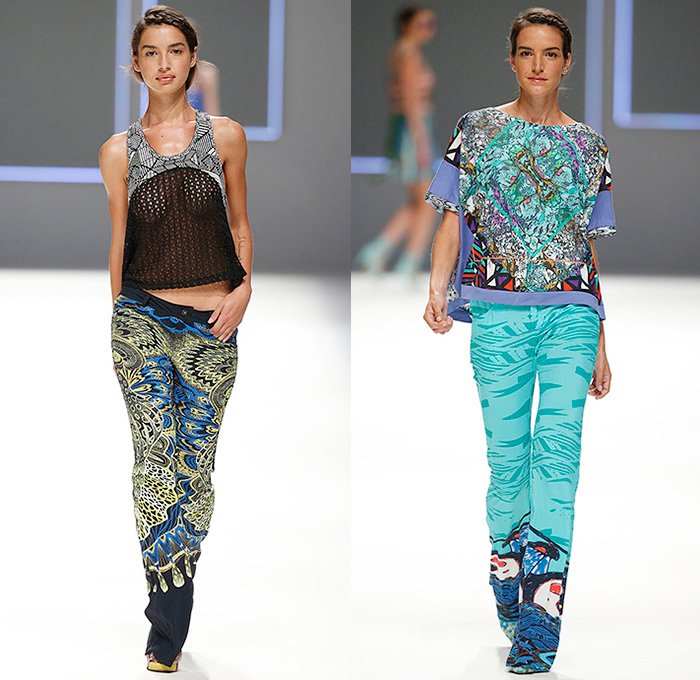 Custo Barcelona 2016 Spring Summer Womens Runway Catwalk Looks - 080 Barcelona Fashion Catalonia Catalan Spain - Jeans Sheer Chiffon Mesh Lace Lasercut Cutout Tunic Blouse Multi-Panel Mix Match Bralette Flowers Florals Leaves Foliage Print Motif Ornamental Print Swim Bikini Geometric Halter Top Maxi Dress Pants Trousers Knit Onesie Jumpsuit Coveralls Shorts Jacket Noodle Strap Fringes Handbag