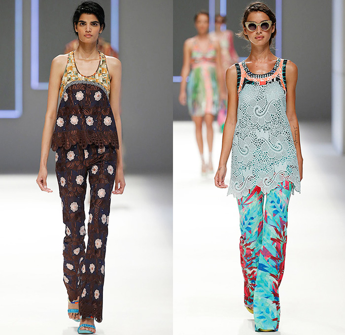 Custo Barcelona 2016 Spring Summer Womens Runway Catwalk Looks - 080 Barcelona Fashion Catalonia Catalan Spain - Jeans Sheer Chiffon Mesh Lace Lasercut Cutout Tunic Blouse Multi-Panel Mix Match Bralette Flowers Florals Leaves Foliage Print Motif Ornamental Print Swim Bikini Geometric Halter Top Maxi Dress Pants Trousers Knit Onesie Jumpsuit Coveralls Shorts Jacket Noodle Strap Fringes Handbag