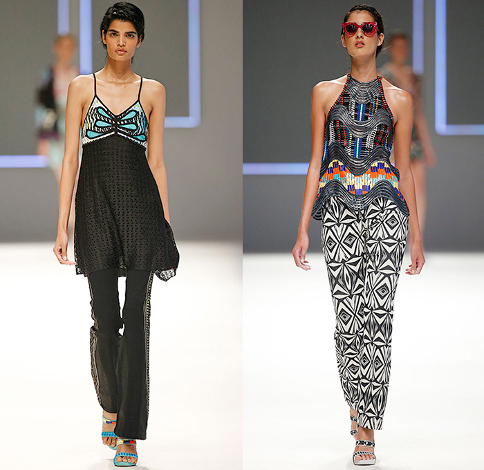 Custo Barcelona 2016 Spring Summer Womens Runway Catwalk Looks - 080 Barcelona Fashion Catalonia Catalan Spain - Jeans Sheer Chiffon Mesh Lace Lasercut Cutout Tunic Blouse Multi-Panel Mix Match Bralette Flowers Florals Leaves Foliage Print Motif Ornamental Print Swim Bikini Geometric Halter Top Maxi Dress Pants Trousers Knit Onesie Jumpsuit Coveralls Shorts Jacket Noodle Strap Fringes Handbag