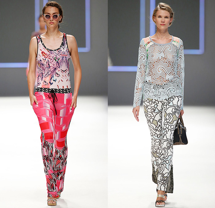 Custo Barcelona 2016 Spring Summer Womens Runway Catwalk Looks - 080 Barcelona Fashion Catalonia Catalan Spain - Jeans Sheer Chiffon Mesh Lace Lasercut Cutout Tunic Blouse Multi-Panel Mix Match Bralette Flowers Florals Leaves Foliage Print Motif Ornamental Print Swim Bikini Geometric Halter Top Maxi Dress Pants Trousers Knit Onesie Jumpsuit Coveralls Shorts Jacket Noodle Strap Fringes Handbag