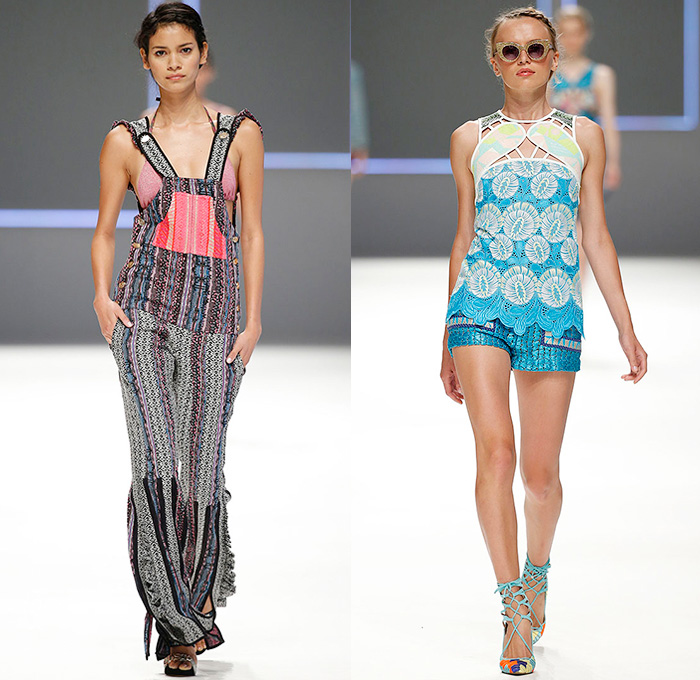 Custo Barcelona 2016 Spring Summer Womens Runway Catwalk Looks - 080 Barcelona Fashion Catalonia Catalan Spain - Jeans Sheer Chiffon Mesh Lace Lasercut Cutout Tunic Blouse Multi-Panel Mix Match Bralette Flowers Florals Leaves Foliage Print Motif Ornamental Print Swim Bikini Geometric Halter Top Maxi Dress Pants Trousers Knit Onesie Jumpsuit Coveralls Shorts Jacket Noodle Strap Fringes Handbag