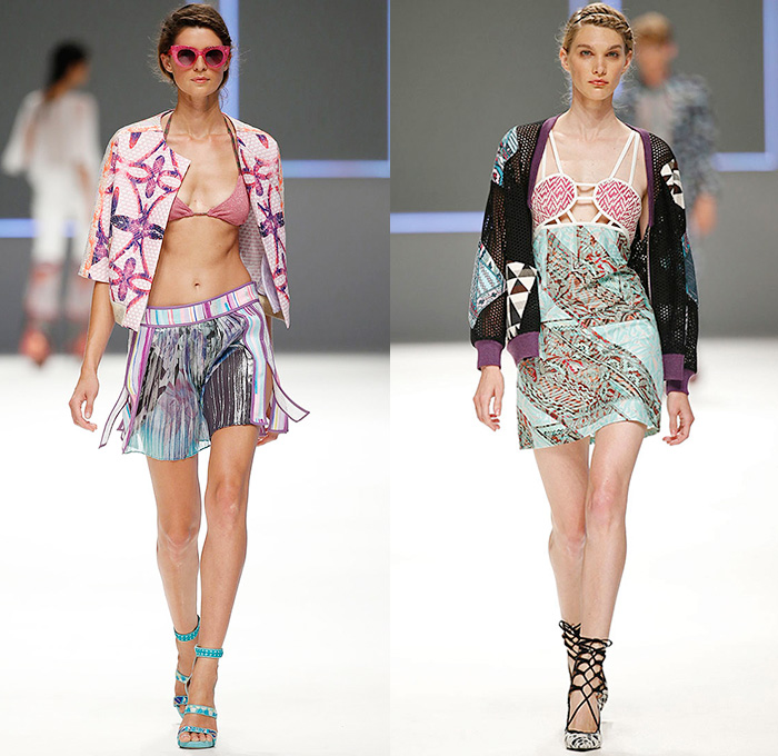 Custo Barcelona 2016 Spring Summer Womens Runway Catwalk Looks - 080 Barcelona Fashion Catalonia Catalan Spain - Jeans Sheer Chiffon Mesh Lace Lasercut Cutout Tunic Blouse Multi-Panel Mix Match Bralette Flowers Florals Leaves Foliage Print Motif Ornamental Print Swim Bikini Geometric Halter Top Maxi Dress Pants Trousers Knit Onesie Jumpsuit Coveralls Shorts Jacket Noodle Strap Fringes Handbag