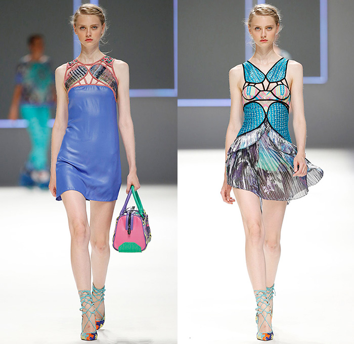 Custo Barcelona 2016 Spring Summer Womens Runway Catwalk Looks - 080 Barcelona Fashion Catalonia Catalan Spain - Jeans Sheer Chiffon Mesh Lace Lasercut Cutout Tunic Blouse Multi-Panel Mix Match Bralette Flowers Florals Leaves Foliage Print Motif Ornamental Print Swim Bikini Geometric Halter Top Maxi Dress Pants Trousers Knit Onesie Jumpsuit Coveralls Shorts Jacket Noodle Strap Fringes Handbag