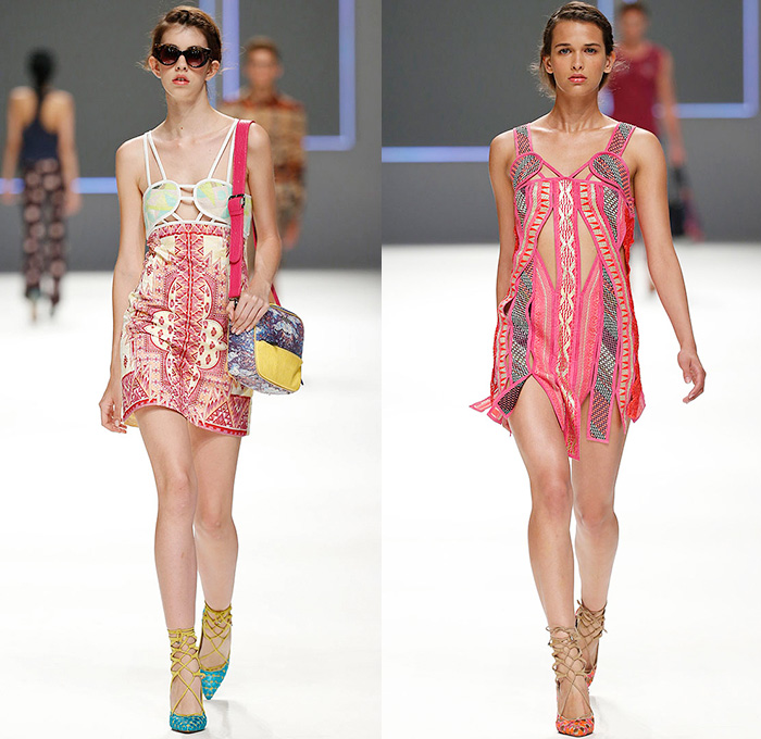 Custo Barcelona 2016 Spring Summer Womens Runway Catwalk Looks - 080 Barcelona Fashion Catalonia Catalan Spain - Jeans Sheer Chiffon Mesh Lace Lasercut Cutout Tunic Blouse Multi-Panel Mix Match Bralette Flowers Florals Leaves Foliage Print Motif Ornamental Print Swim Bikini Geometric Halter Top Maxi Dress Pants Trousers Knit Onesie Jumpsuit Coveralls Shorts Jacket Noodle Strap Fringes Handbag