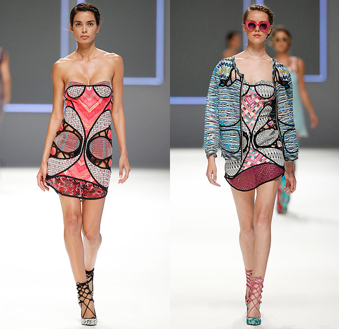 Custo Barcelona 2016 Spring Summer Womens Runway Catwalk Looks - 080 Barcelona Fashion Catalonia Catalan Spain - Jeans Sheer Chiffon Mesh Lace Lasercut Cutout Tunic Blouse Multi-Panel Mix Match Bralette Flowers Florals Leaves Foliage Print Motif Ornamental Print Swim Bikini Geometric Halter Top Maxi Dress Pants Trousers Knit Onesie Jumpsuit Coveralls Shorts Jacket Noodle Strap Fringes Handbag