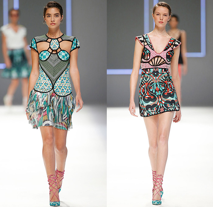 Custo Barcelona 2016 Spring Summer Womens Runway Catwalk Looks - 080 Barcelona Fashion Catalonia Catalan Spain - Jeans Sheer Chiffon Mesh Lace Lasercut Cutout Tunic Blouse Multi-Panel Mix Match Bralette Flowers Florals Leaves Foliage Print Motif Ornamental Print Swim Bikini Geometric Halter Top Maxi Dress Pants Trousers Knit Onesie Jumpsuit Coveralls Shorts Jacket Noodle Strap Fringes Handbag