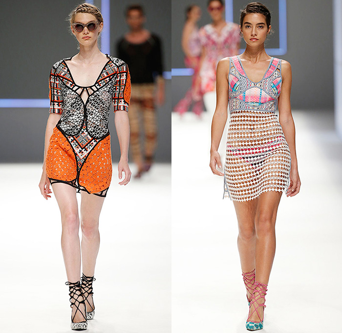 Custo Barcelona 2016 Spring Summer Womens Runway Catwalk Looks - 080 Barcelona Fashion Catalonia Catalan Spain - Jeans Sheer Chiffon Mesh Lace Lasercut Cutout Tunic Blouse Multi-Panel Mix Match Bralette Flowers Florals Leaves Foliage Print Motif Ornamental Print Swim Bikini Geometric Halter Top Maxi Dress Pants Trousers Knit Onesie Jumpsuit Coveralls Shorts Jacket Noodle Strap Fringes Handbag