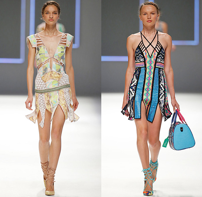 Custo Barcelona 2016 Spring Summer Womens Runway Catwalk Looks - 080 Barcelona Fashion Catalonia Catalan Spain - Jeans Sheer Chiffon Mesh Lace Lasercut Cutout Tunic Blouse Multi-Panel Mix Match Bralette Flowers Florals Leaves Foliage Print Motif Ornamental Print Swim Bikini Geometric Halter Top Maxi Dress Pants Trousers Knit Onesie Jumpsuit Coveralls Shorts Jacket Noodle Strap Fringes Handbag